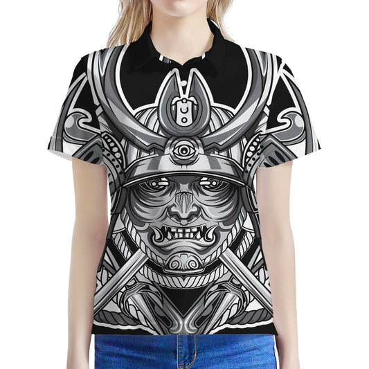 Silver Samurai Mask Print Women's Polo Shirt
