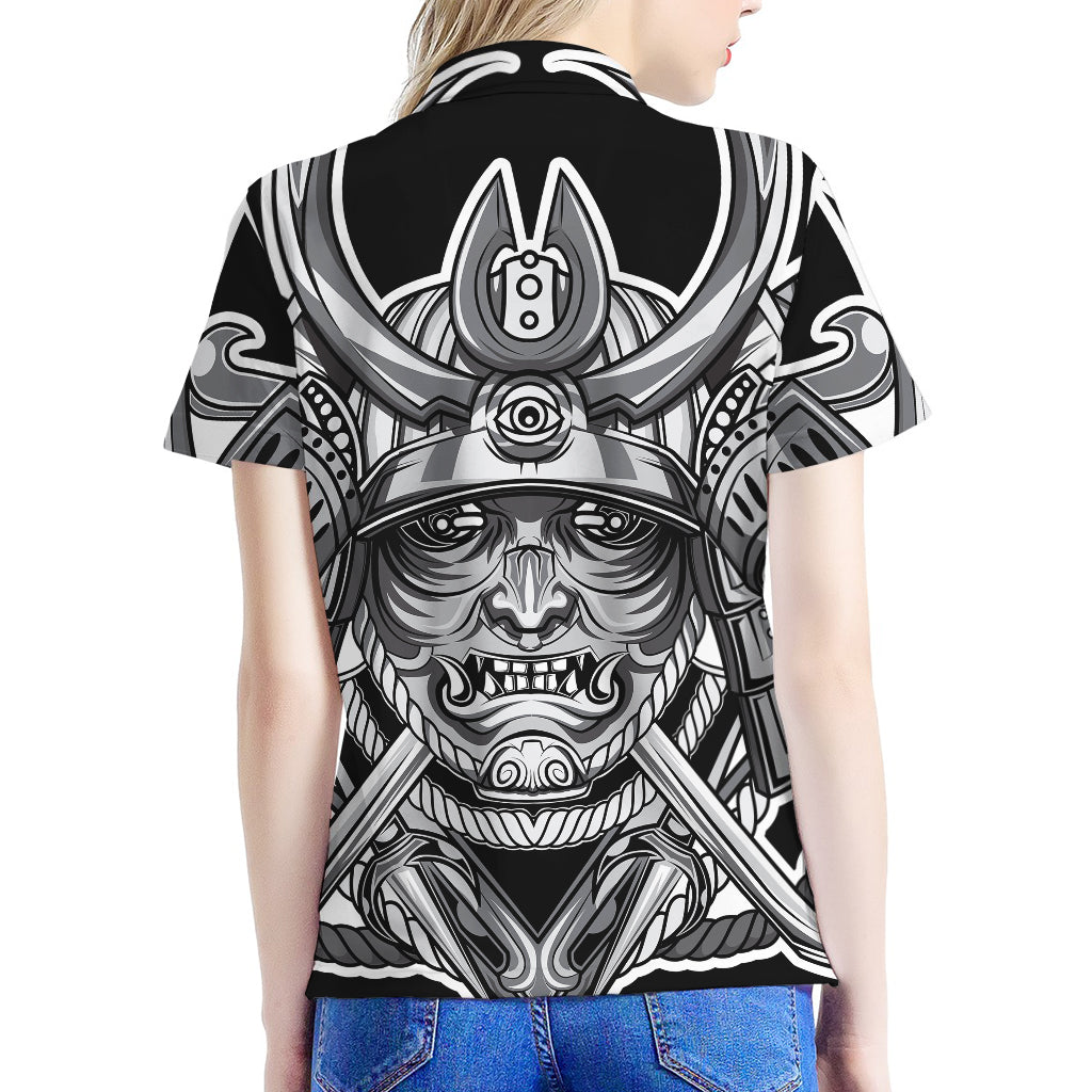 Silver Samurai Mask Print Women's Polo Shirt