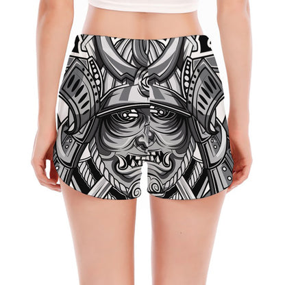 Silver Samurai Mask Print Women's Split Running Shorts