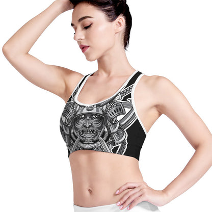 Silver Samurai Mask Print Women's Sports Bra