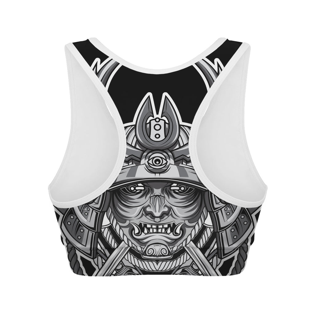 Silver Samurai Mask Print Women's Sports Bra