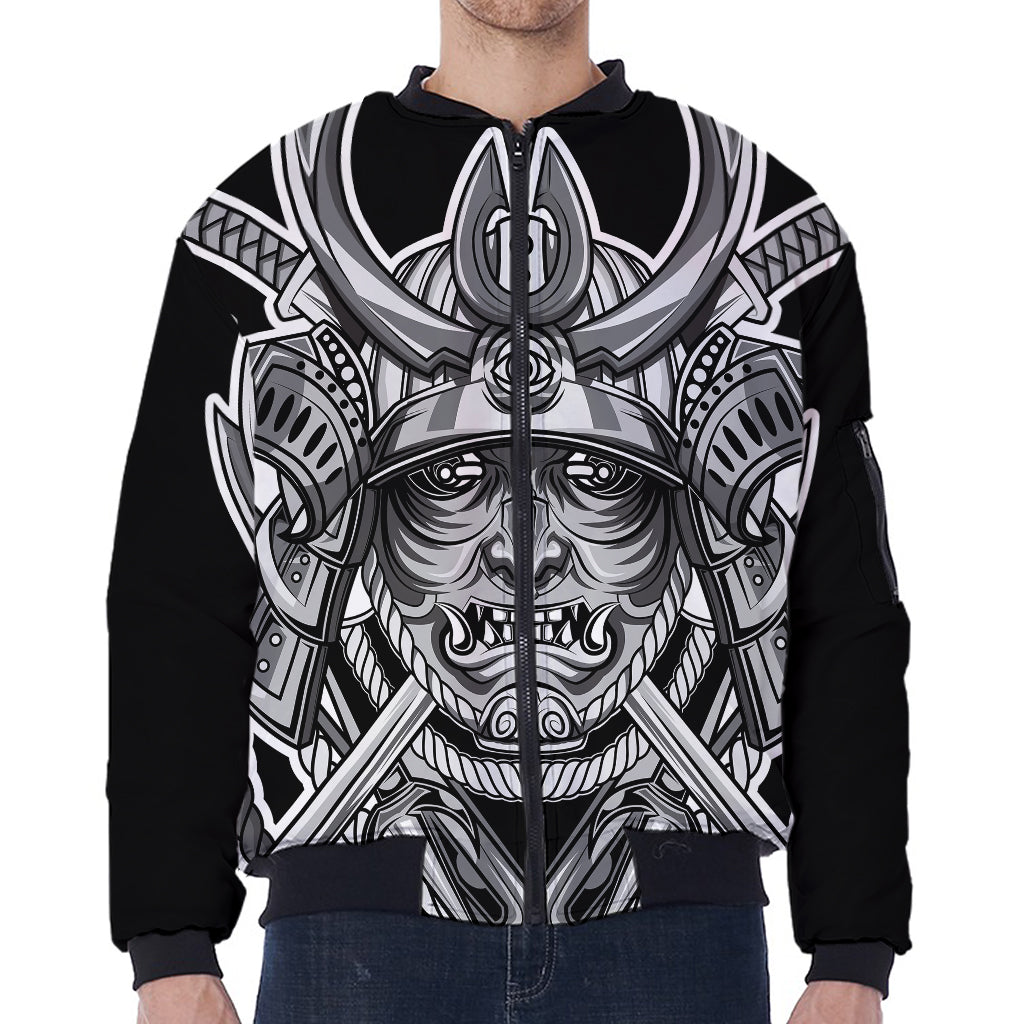 Silver Samurai Mask Print Zip Sleeve Bomber Jacket