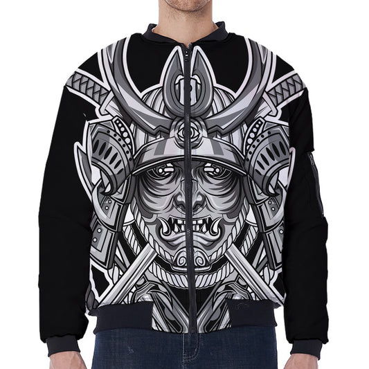 Silver Samurai Mask Print Zip Sleeve Bomber Jacket