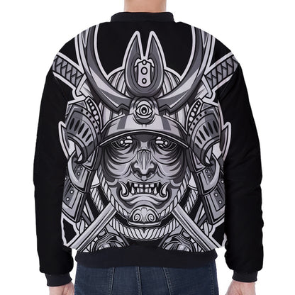 Silver Samurai Mask Print Zip Sleeve Bomber Jacket