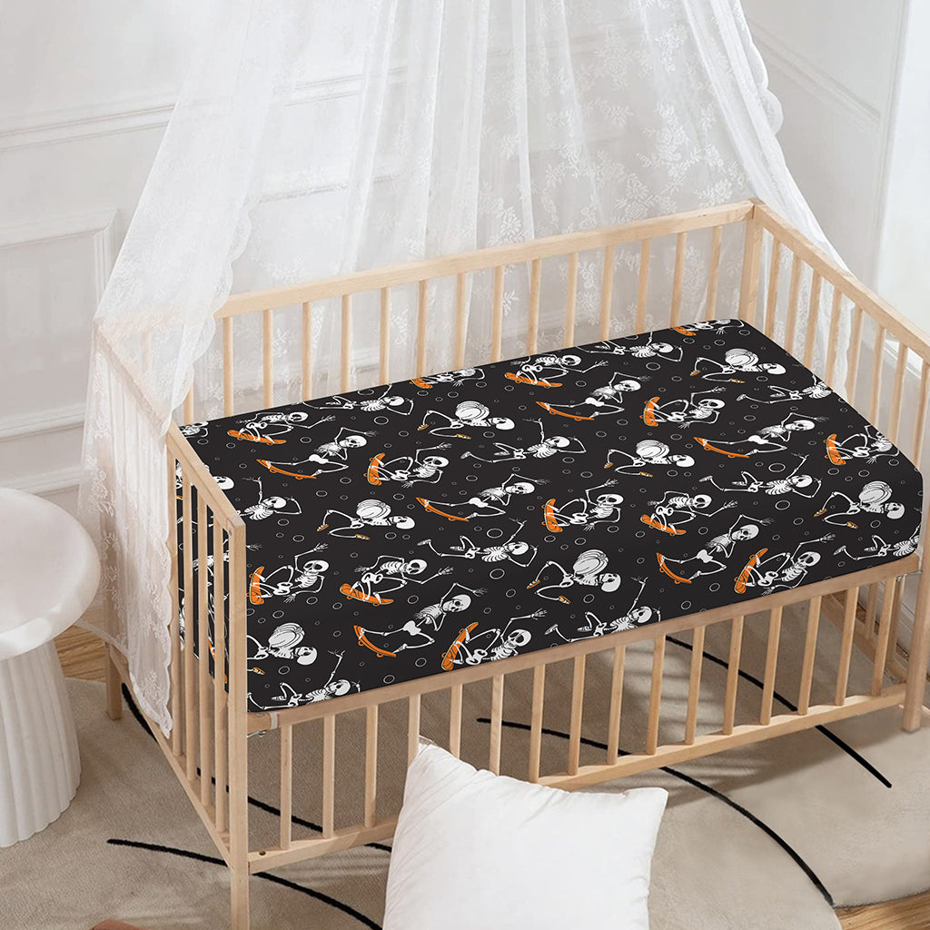 Skateboarding Skeleton Pattern Print Baby Crib Sheet