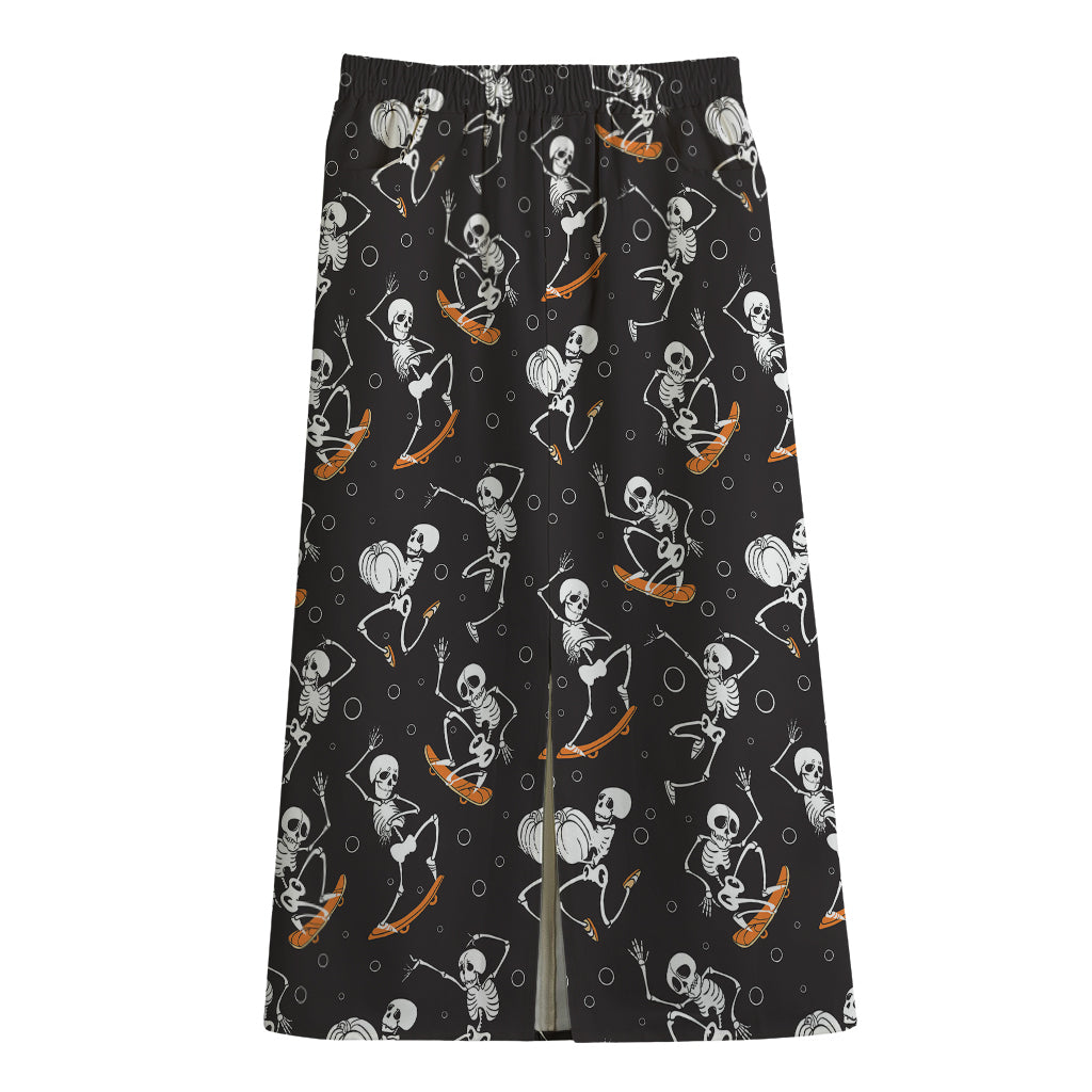 Skateboarding Skeleton Pattern Print Cotton Front Slit Maxi Skirt