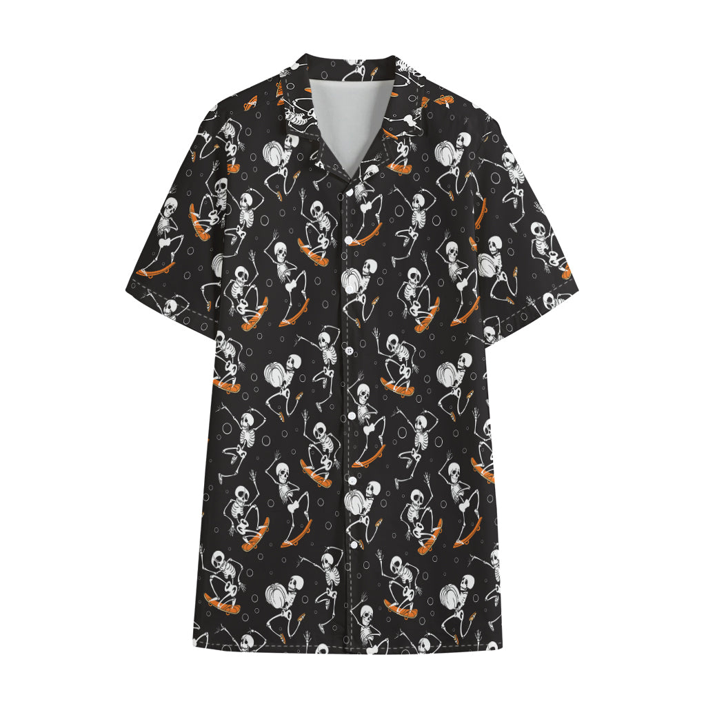 Skateboarding Skeleton Pattern Print Cotton Hawaiian Shirt