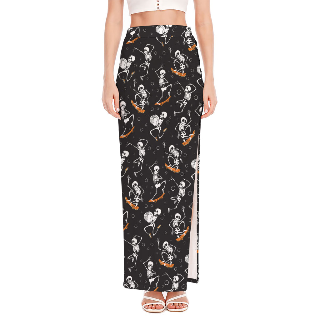 Skateboarding Skeleton Pattern Print High Slit Maxi Skirt