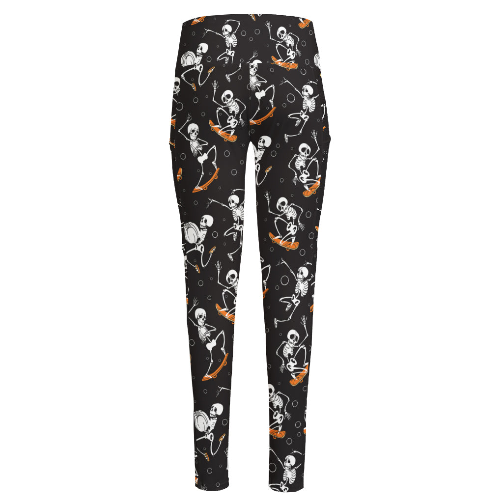 Skateboarding Skeleton Pattern Print High-Waisted Pocket Leggings