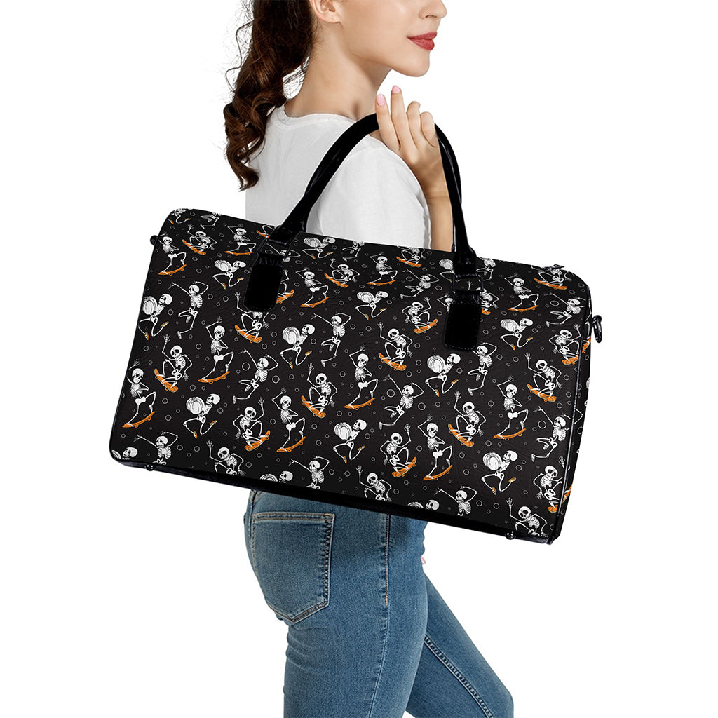 Skateboarding Skeleton Pattern Print Leather Duffle Bag
