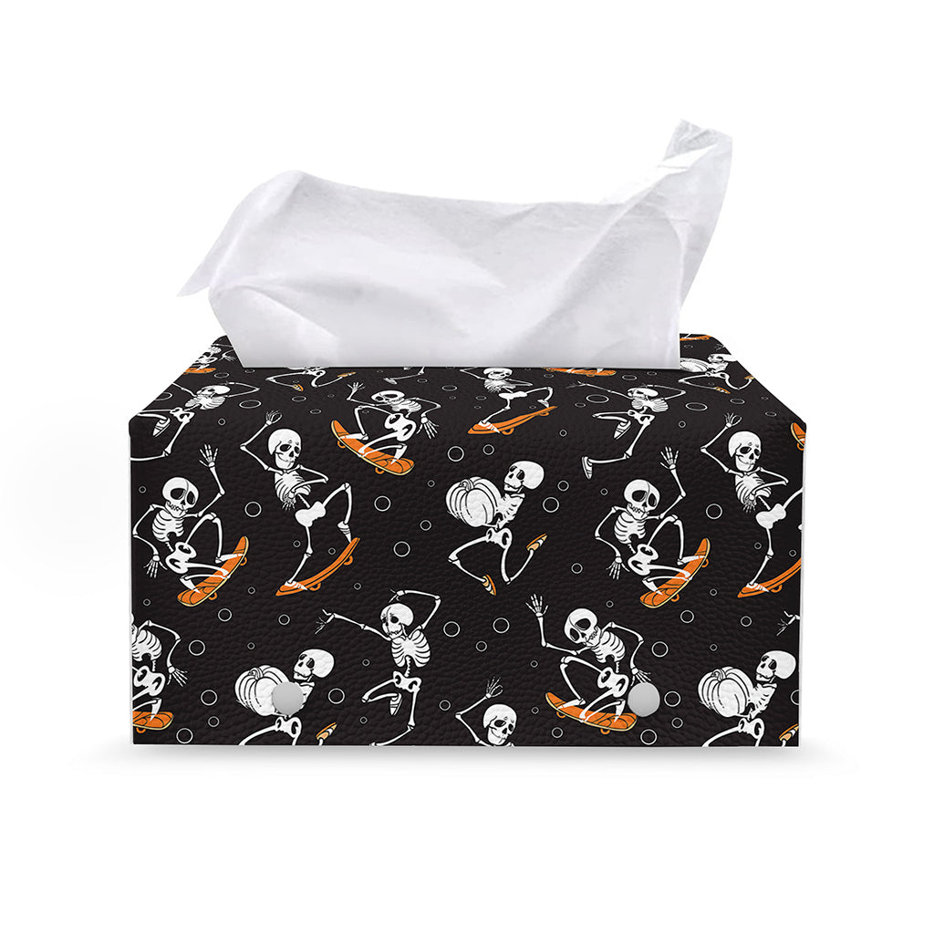 Skateboarding Skeleton Pattern Print Leather Tissue Box Cover