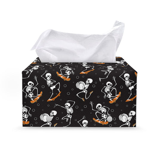 Skateboarding Skeleton Pattern Print Leather Tissue Box Cover