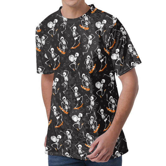 Skateboarding Skeleton Pattern Print Men's Velvet T-Shirt