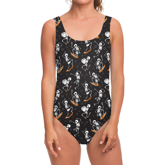 Skateboarding Skeleton Pattern Print One Piece Swimsuit