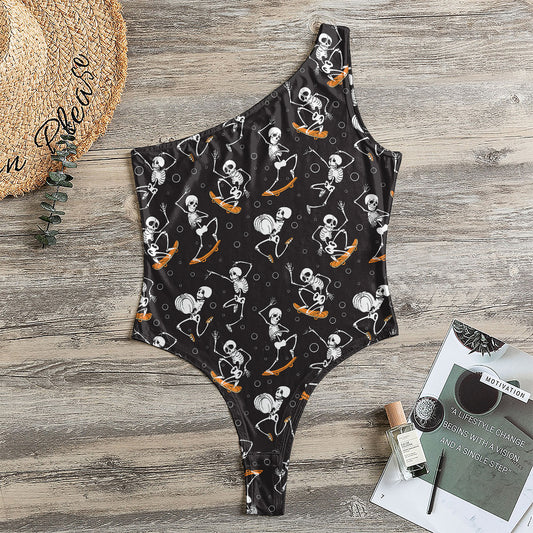 Skateboarding Skeleton Pattern Print One Shoulder Bodysuit