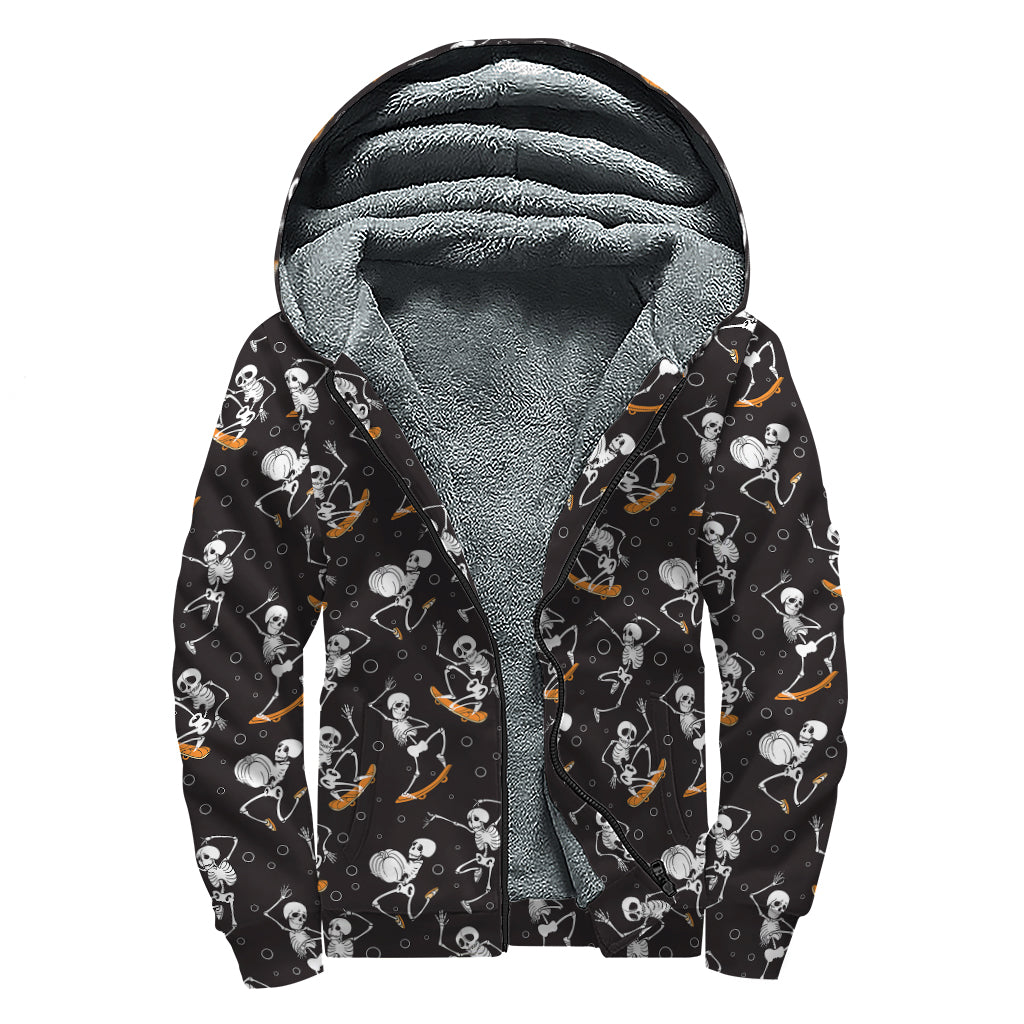 Skateboarding Skeleton Pattern Print Sherpa Lined Zip Up Hoodie