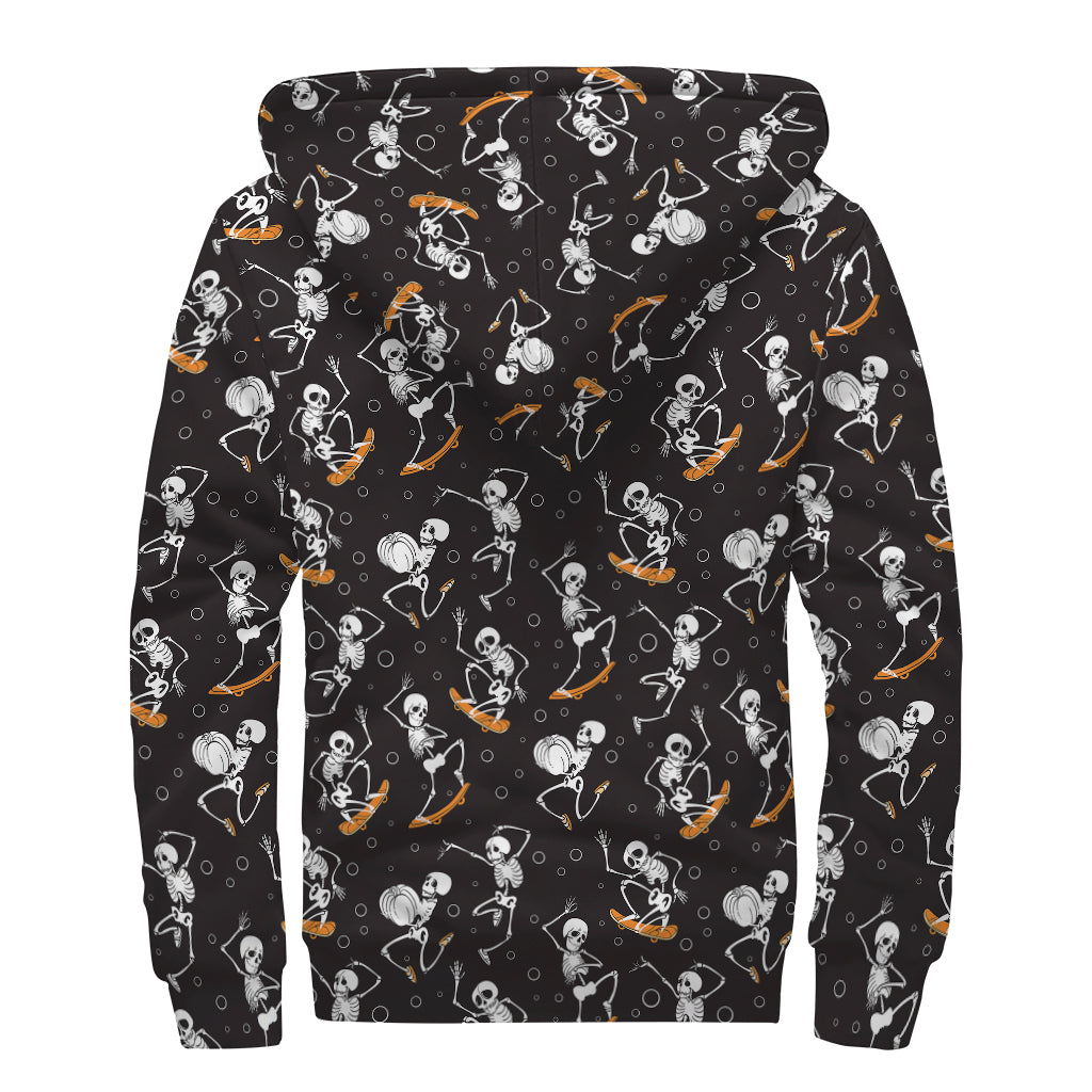Skateboarding Skeleton Pattern Print Sherpa Lined Zip Up Hoodie