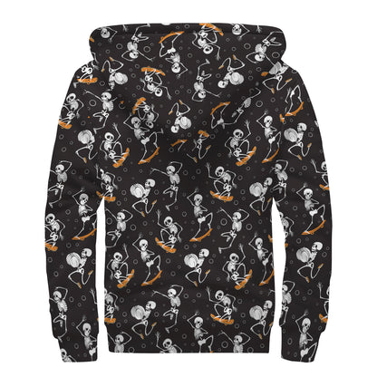 Skateboarding Skeleton Pattern Print Sherpa Lined Zip Up Hoodie