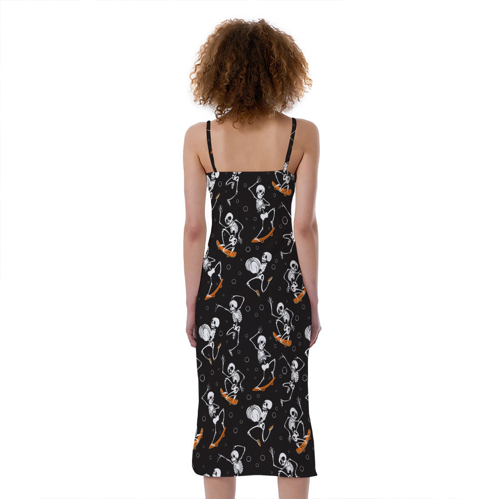 Skateboarding Skeleton Pattern Print Slim Fit Midi Cami Dress