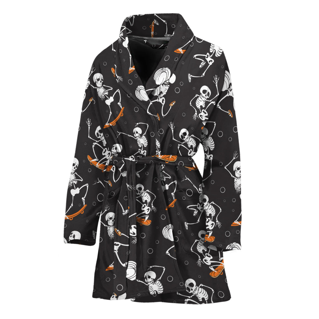 Skateboarding Skeleton Pattern Print Women's Bathrobe