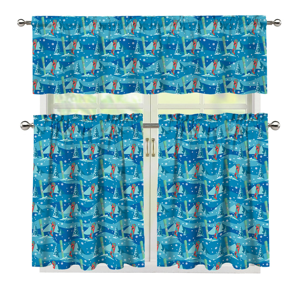 Ski And Snowboard Pattern Print 3 Piece Kitchen Curtains