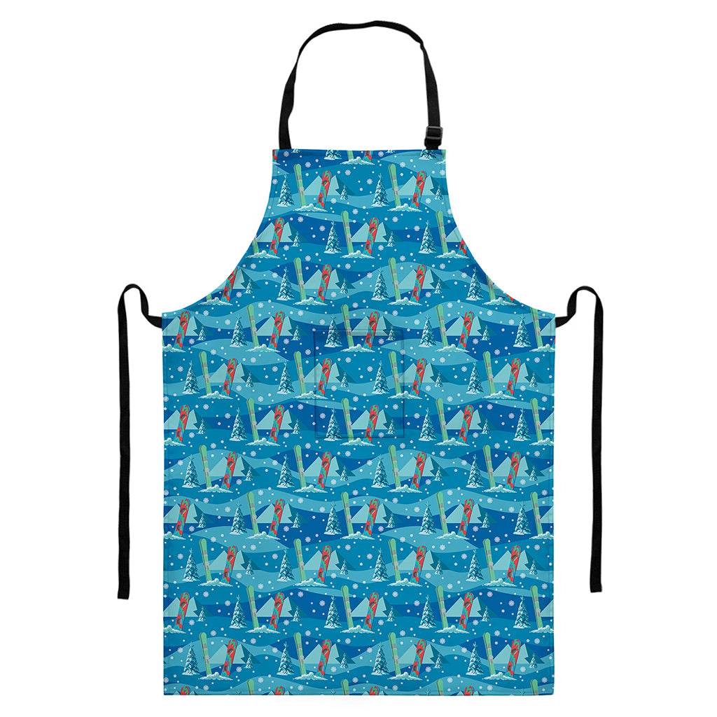 Ski And Snowboard Pattern Print Bib Apron With Pocket