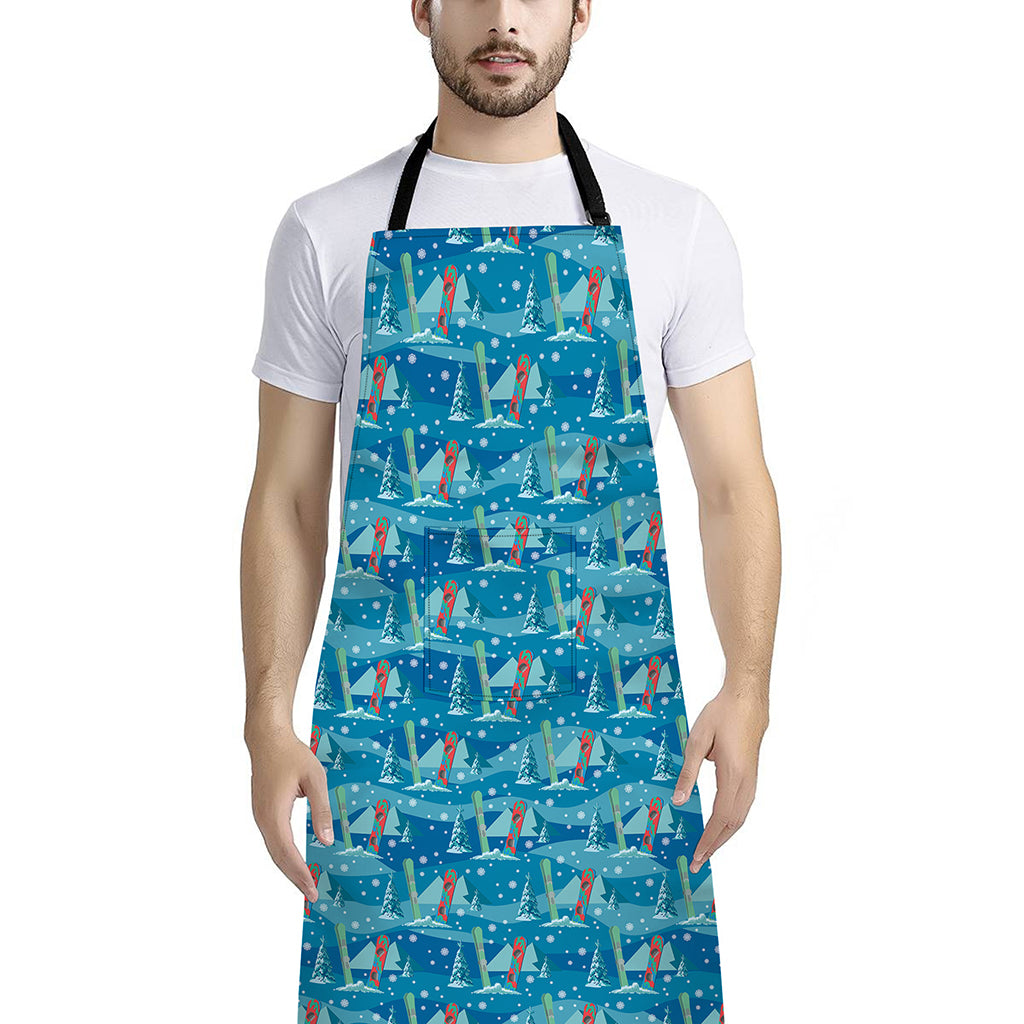 Ski And Snowboard Pattern Print Bib Apron With Pocket