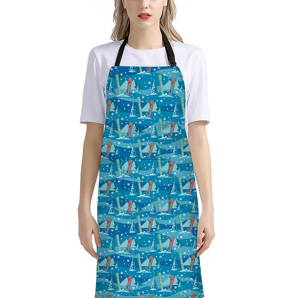 Ski And Snowboard Pattern Print Bib Apron With Pocket