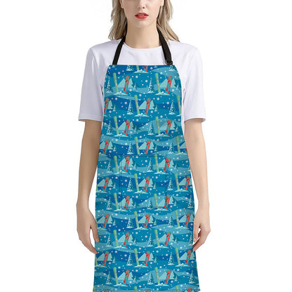 Ski And Snowboard Pattern Print Bib Apron With Pocket