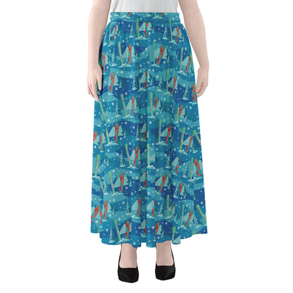 Ski And Snowboard Pattern Print Chiffon Maxi Skirt