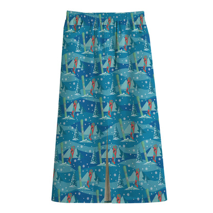 Ski And Snowboard Pattern Print Cotton Front Slit Maxi Skirt