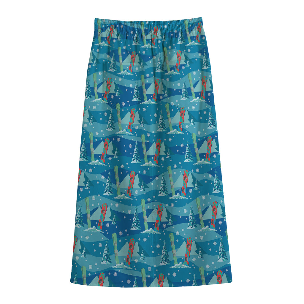 Ski And Snowboard Pattern Print Cotton Front Slit Maxi Skirt