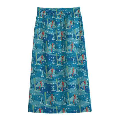Ski And Snowboard Pattern Print Cotton Front Slit Maxi Skirt