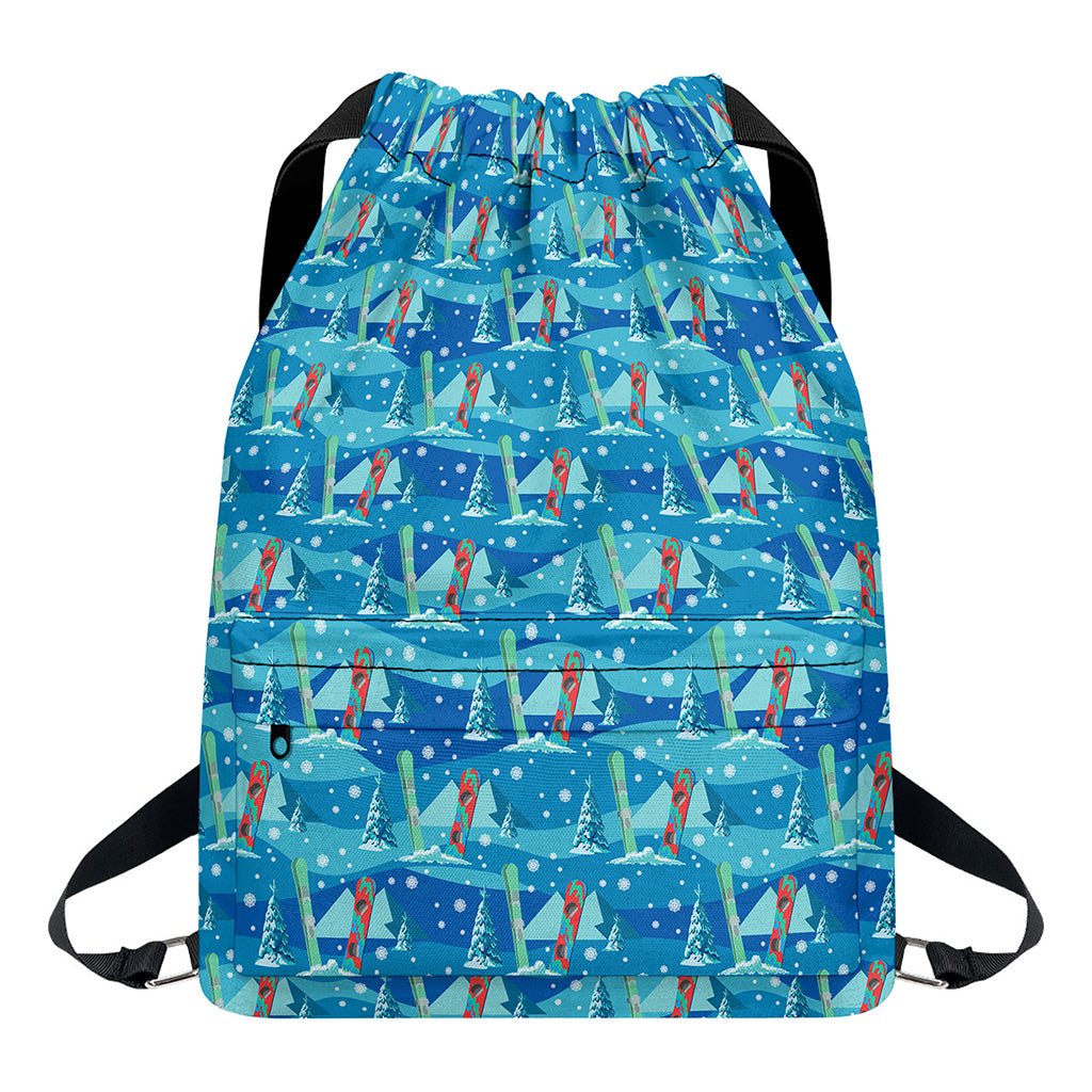 Ski And Snowboard Pattern Print Drawstring Backpack