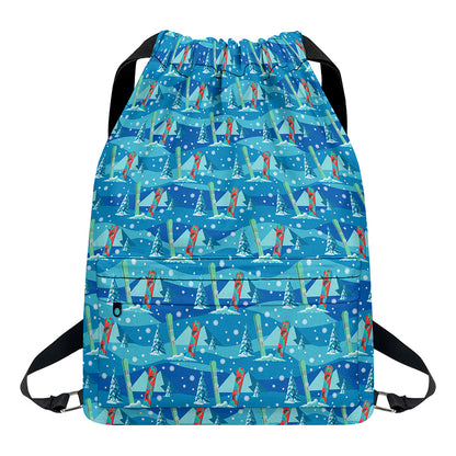 Ski And Snowboard Pattern Print Drawstring Backpack
