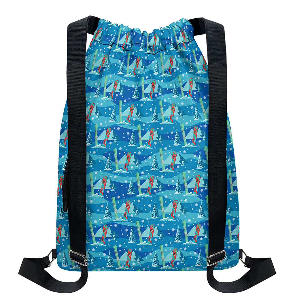 Ski And Snowboard Pattern Print Drawstring Backpack