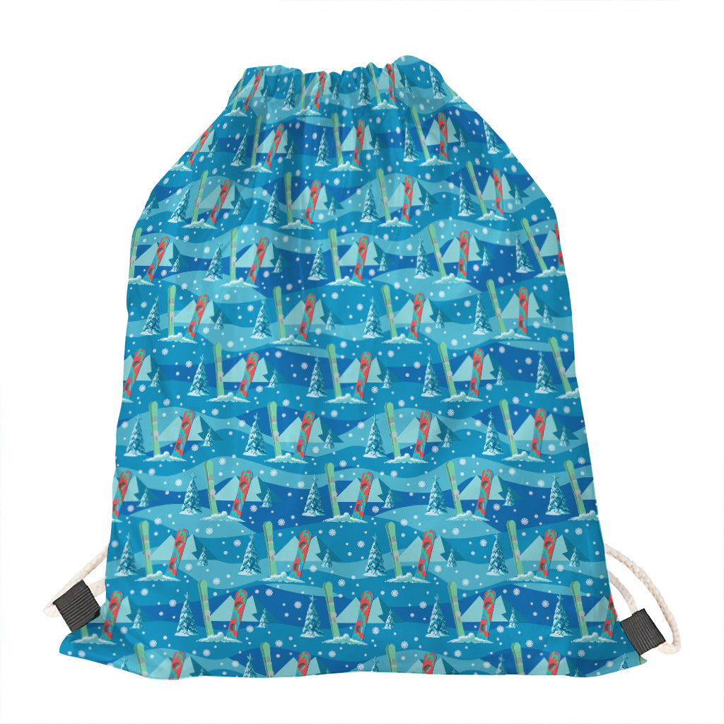 Ski And Snowboard Pattern Print Drawstring Bag