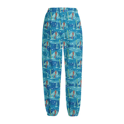 Ski And Snowboard Pattern Print Fleece Lined Knit Pants