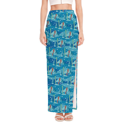 Ski And Snowboard Pattern Print High Slit Maxi Skirt