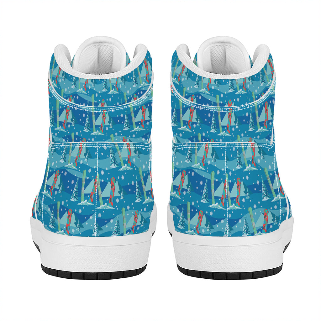 Ski And Snowboard Pattern Print High Top Leather Sneakers