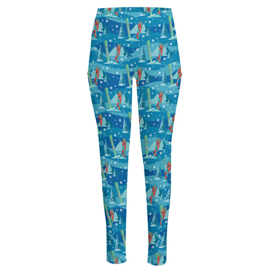 Ski And Snowboard Pattern Print High-Waisted Pocket Leggings