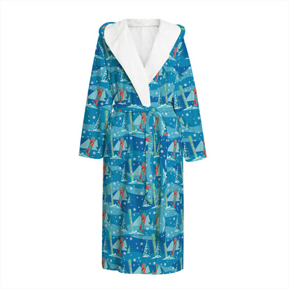 Ski And Snowboard Pattern Print Hooded Bathrobe