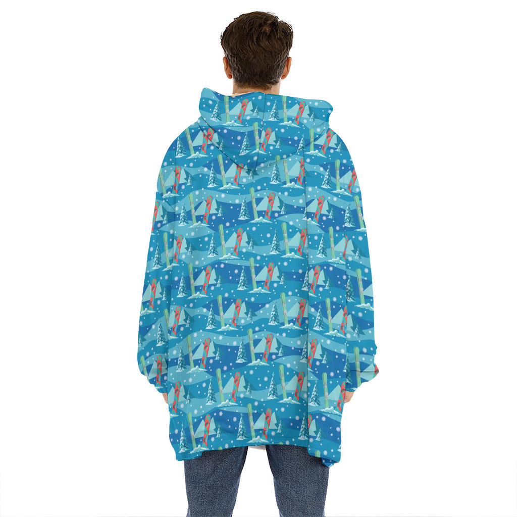 Ski And Snowboard Pattern Print Hoodie Blanket