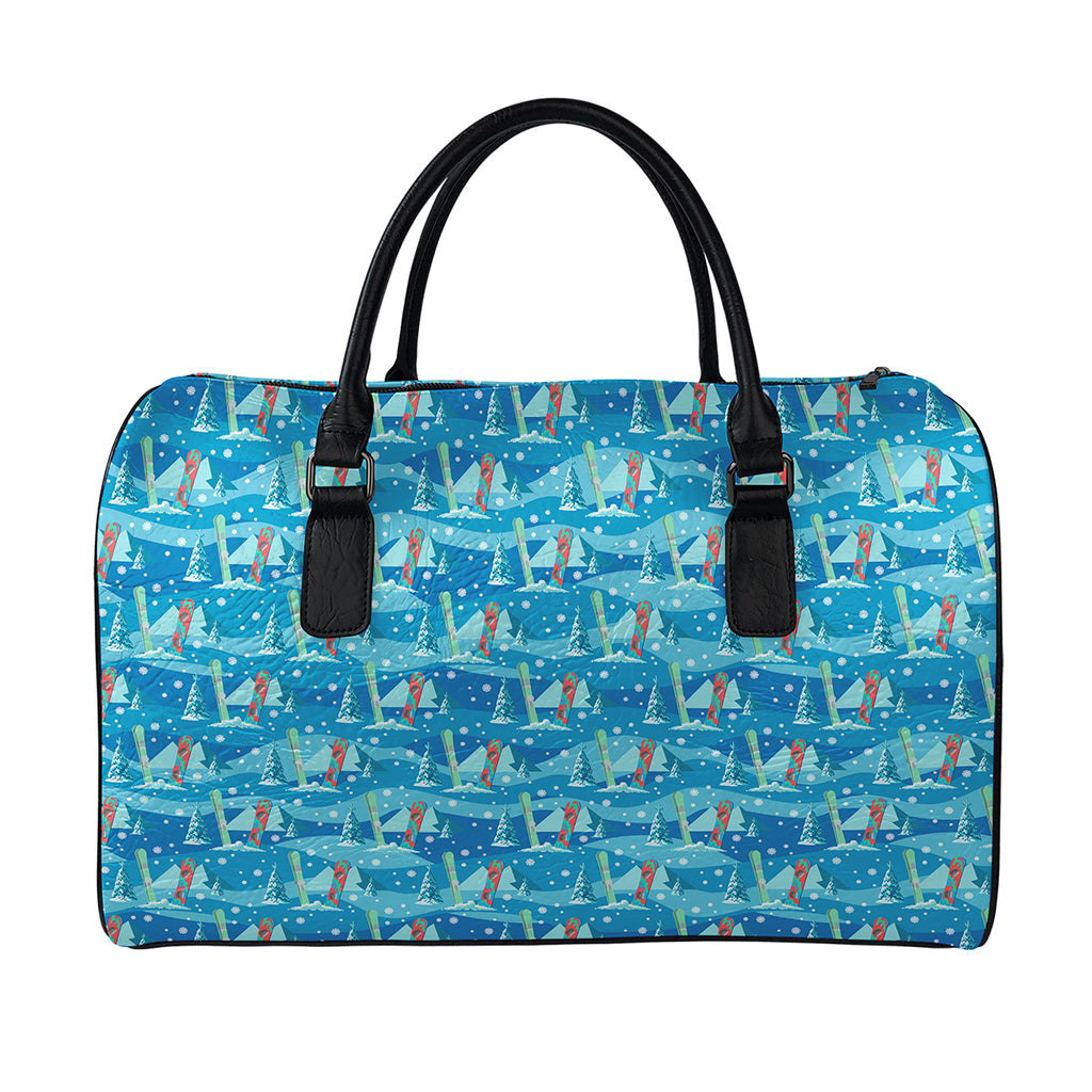 Ski And Snowboard Pattern Print Leather Duffle Bag