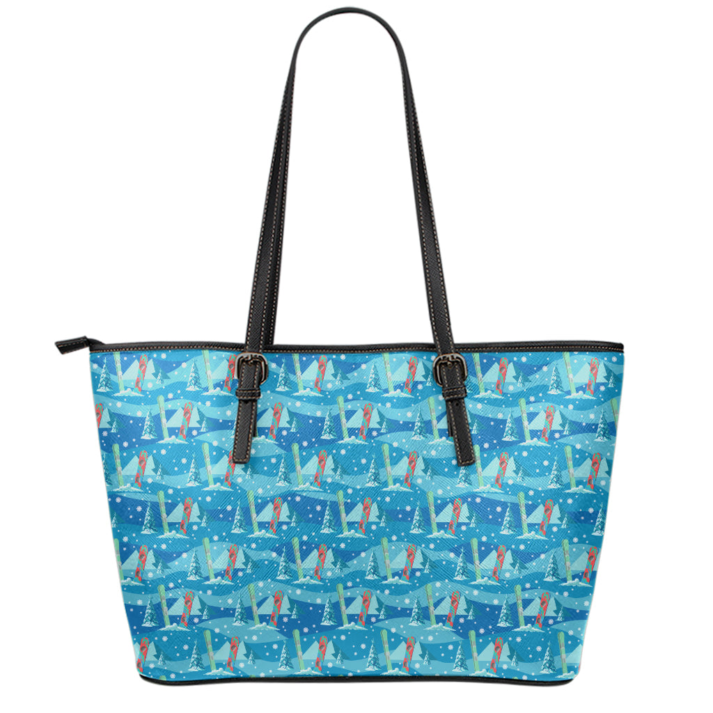 Ski And Snowboard Pattern Print Leather Tote Bag