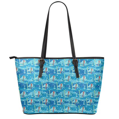 Ski And Snowboard Pattern Print Leather Tote Bag