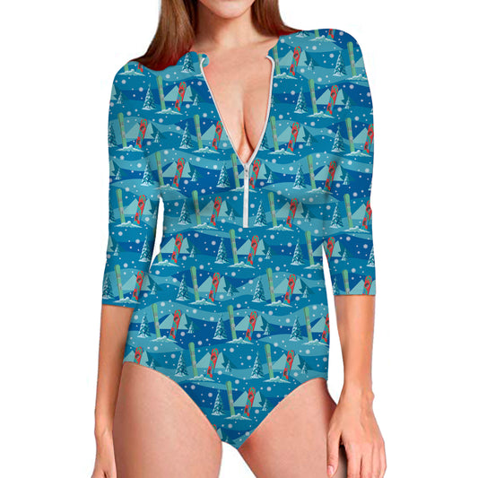 Ski And Snowboard Pattern Print Long Sleeve Swimsuit