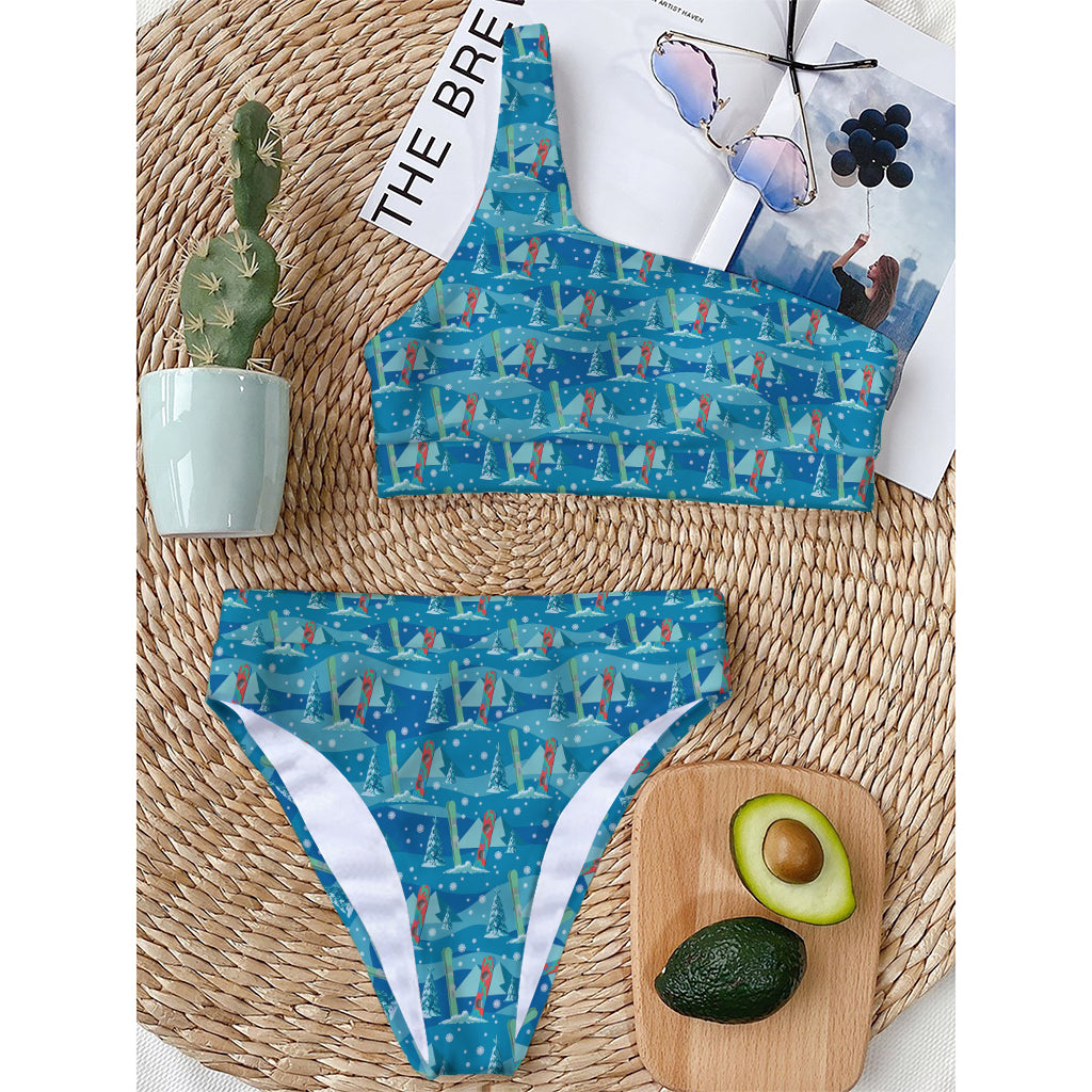 Ski And Snowboard Pattern Print One Shoulder Bikini Top