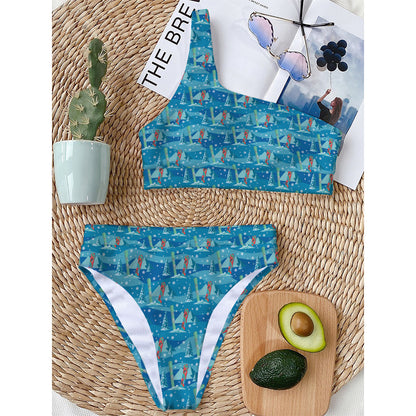 Ski And Snowboard Pattern Print One Shoulder Bikini Top