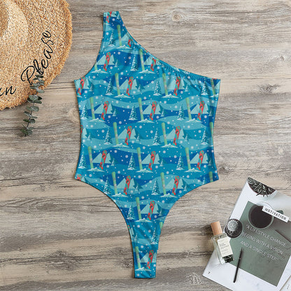 Ski And Snowboard Pattern Print One Shoulder Bodysuit